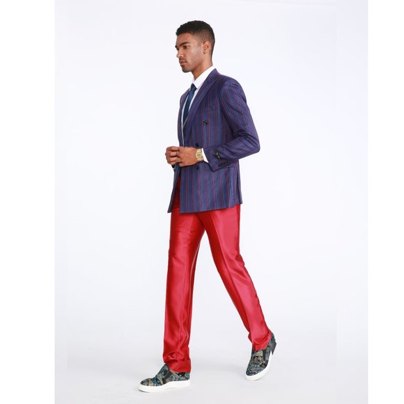 Mens Streak Pinstriped 2pc Double Breasted Suit, Blue w/ Red and White Stripes - Picture 9 of 9